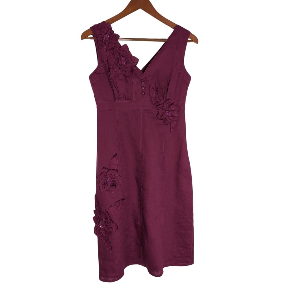 Derhy‎ Balconnet Dress Womens Small Magenta Linen Floral Applique S815114
